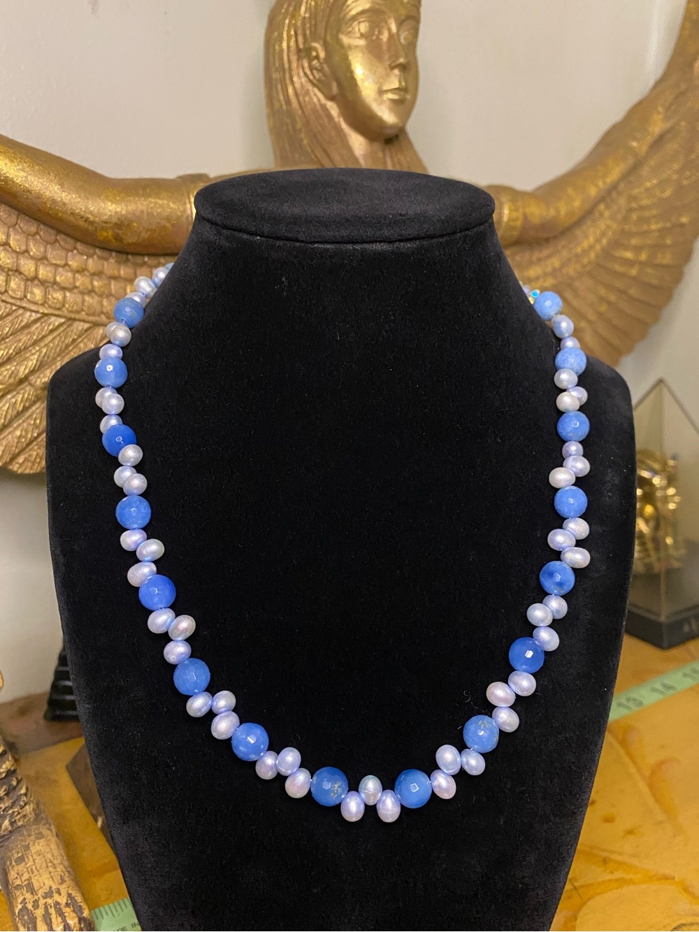 Vintage Blue Bead and Pearl Necklace - Women's Jewelry